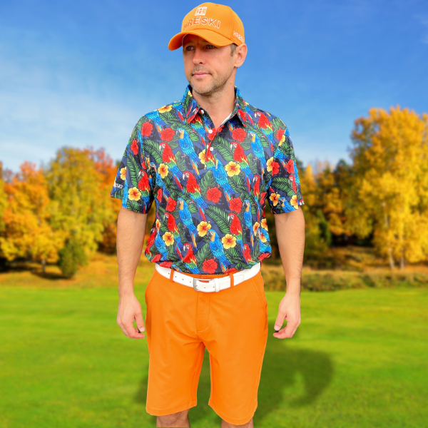 Parrots, Hibiscus Flowers, and Palm Leaves on Dark Night Background Golf Shirt - Hreski 232 - Image 2