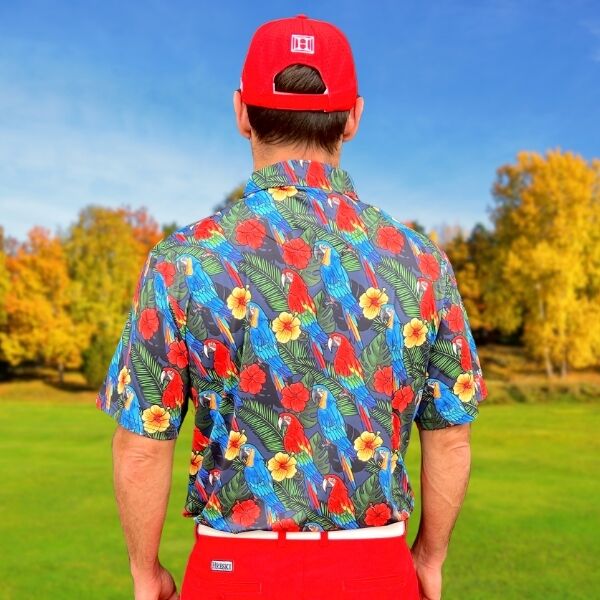 Parrots, Hibiscus Flowers, and Palm Leaves on Dark Night Background Golf Shirt - Hreski 232 - Image 8