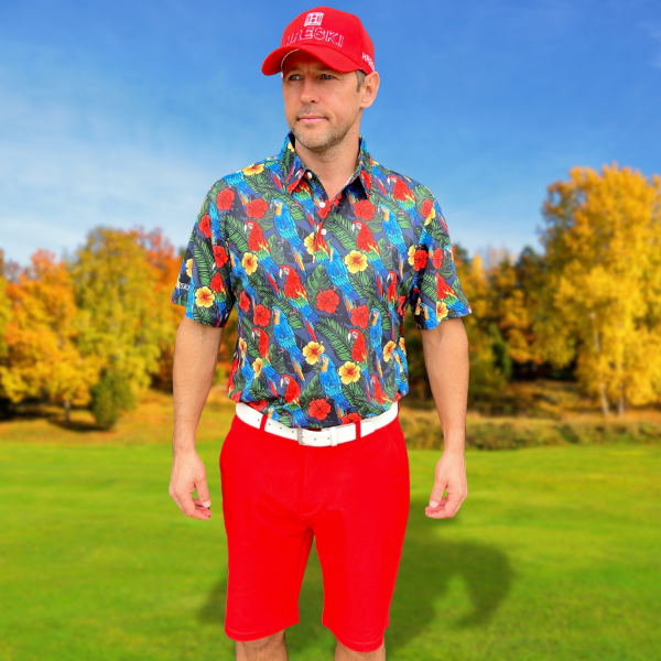 Parrots, Hibiscus Flowers, and Palm Leaves on Dark Night Background Golf Shirt - Hreski 232 - Image 3