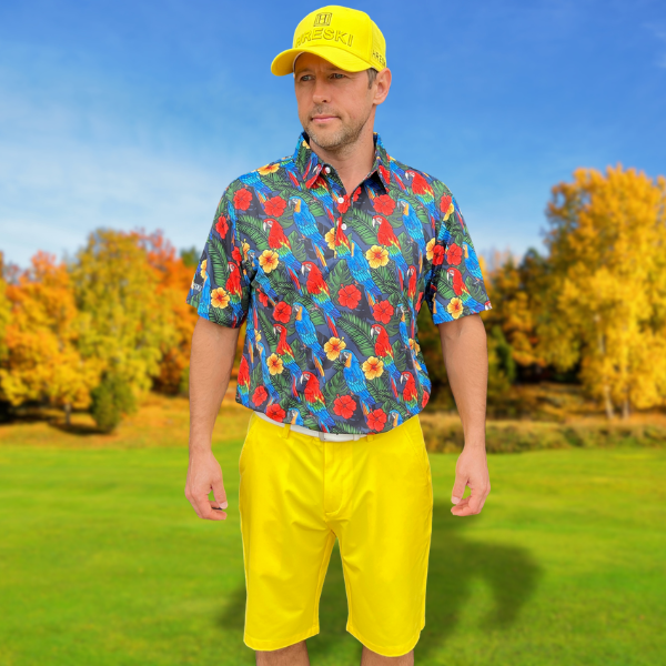Parrots, Hibiscus Flowers, and Palm Leaves on Dark Night Background Golf Shirt - Hreski 232 - Image 5