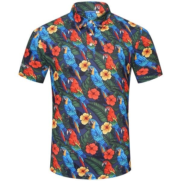 Parrots, Hibiscus Flowers, and Palm Leaves on Dark Night Background Golf Shirt - Hreski 232