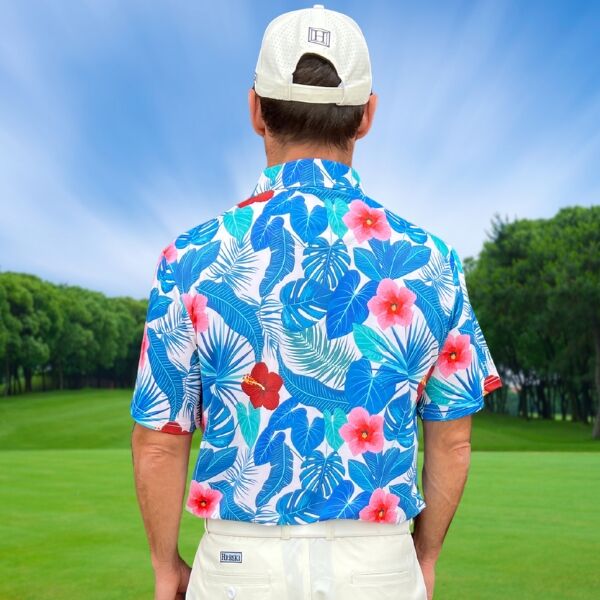 Assorted Teal Palm Leaves and Light Pink and Red Hibiscus Flowers Golf Shirt - Hreski 235 - Image 13