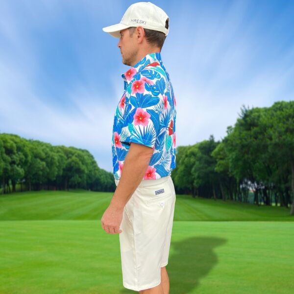 Assorted Teal Palm Leaves and Light Pink and Red Hibiscus Flowers Golf Shirt - Hreski 235 - Image 9