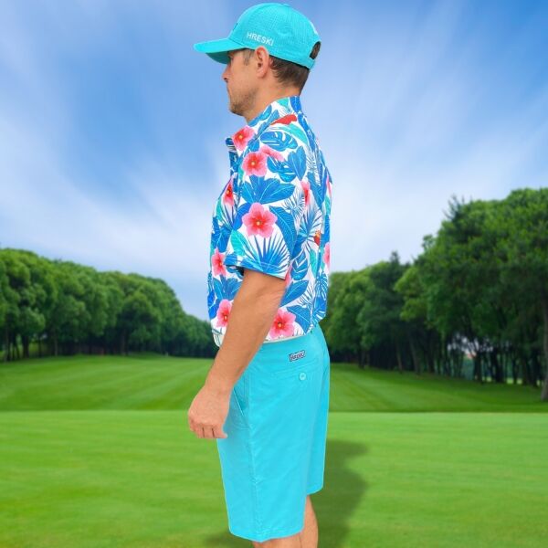 Assorted Teal Palm Leaves and Light Pink and Red Hibiscus Flowers Golf Shirt - Hreski 235 - Image 7