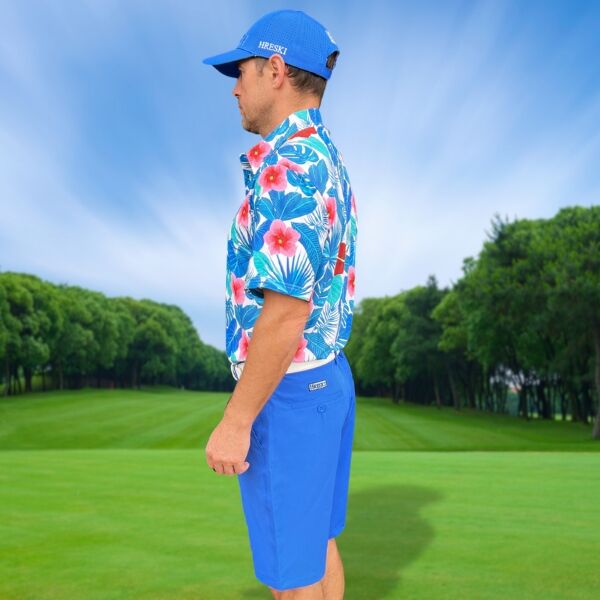 Assorted Teal Palm Leaves and Light Pink and Red Hibiscus Flowers Golf Shirt - Hreski 235 - Image 6