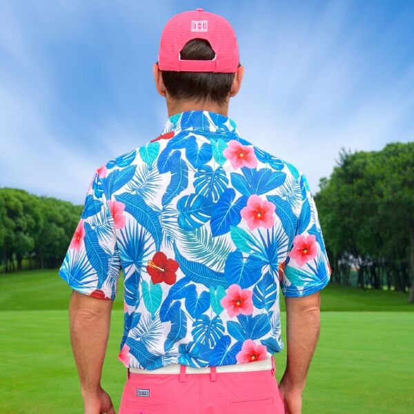Assorted Teal Palm Leaves and Light Pink and Red Hibiscus Flowers Golf Shirt - Hreski 235 - Image 12