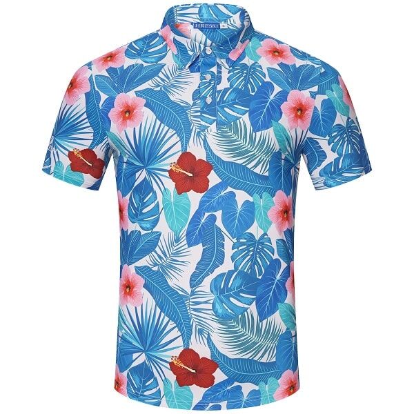 Assorted Teal Palm Leaves and Light Pink and Red Hibiscus Flowers Golf Shirt - Hreski 235
