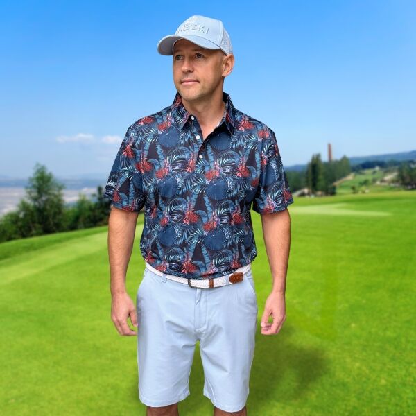 Midnight Tropical Bloom with Orange and Dark Blue Accents Golf Shirt - Hreski 245 - Image 2