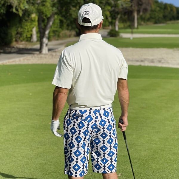 Blue, Cream and Navy Square Diamonds on Cream Background Golf Shorts - Hreski 192 - Image 5
