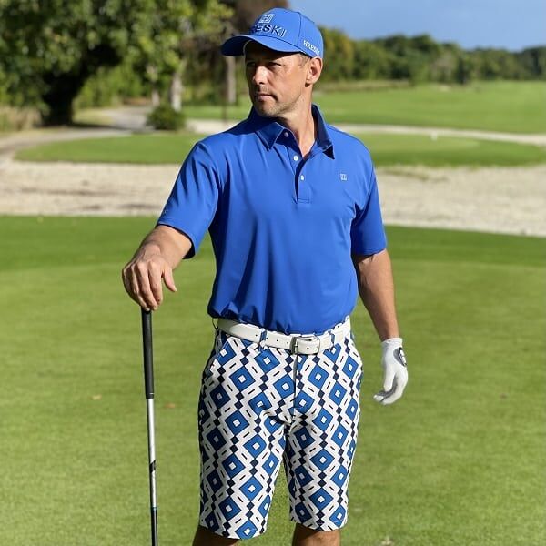 Blue, Cream and Navy Square Diamonds on Cream Background Golf Shorts - Hreski 192 - Image 3