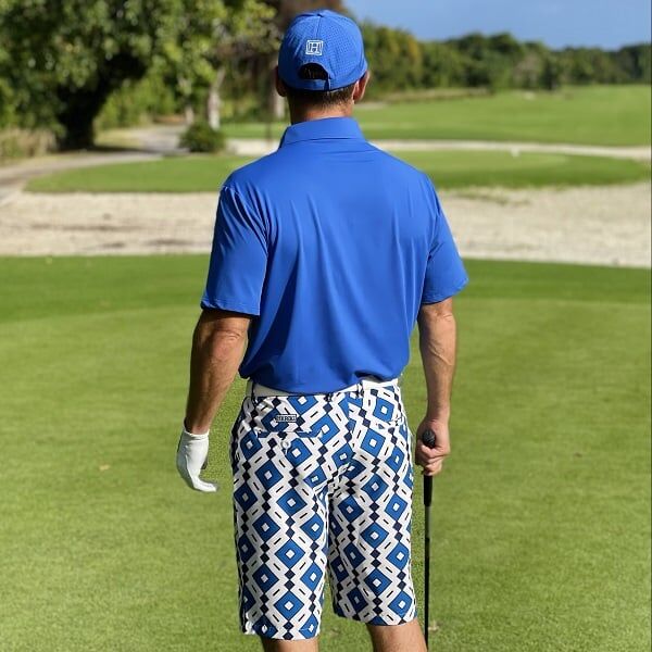 Blue, Cream and Navy Square Diamonds on Cream Background Golf Shorts - Hreski 192 - Image 6