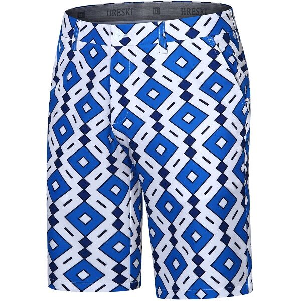 Blue, Cream and Navy Square Diamonds on Cream Background Golf Shorts - Hreski 192