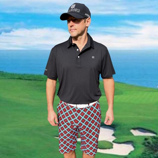 Red and Black Diamond Squares on Turquoise Background Golf Shorts - Hreski 222 - Image 4