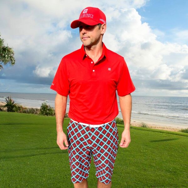 Red and Black Diamond Squares on Turquoise Background Golf Shorts - Hreski 222 - Image 2