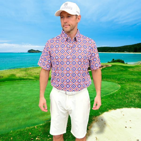 Purple, Orange, and Light Violet Diagonal Squares on White Background Golf Shirt - Hreski 229 - Image 4