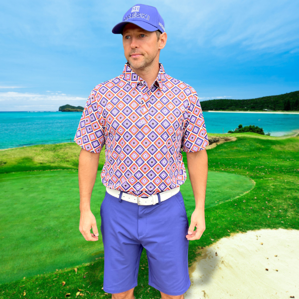 Purple, Orange, and Light Violet Diagonal Squares on White Background Golf Shirt - Hreski 229 - Image 6