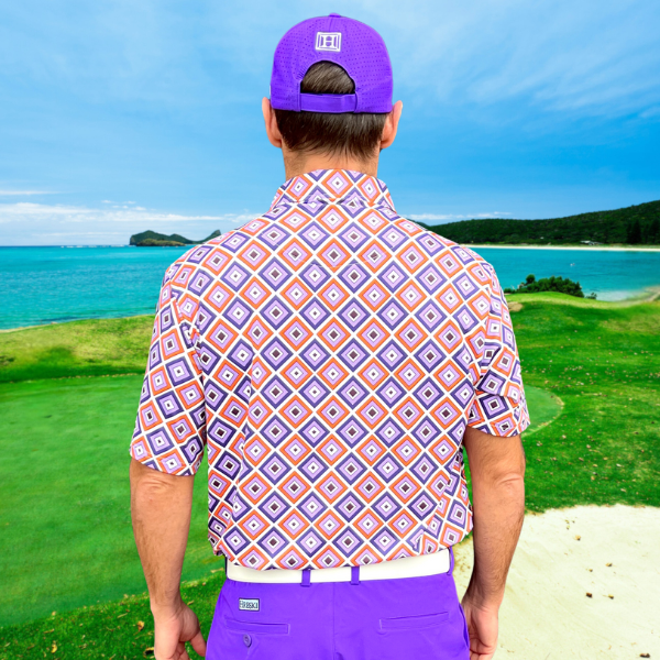 Purple, Orange, and Light Violet Diagonal Squares on White Background Golf Shirt - Hreski 229 - Image 9