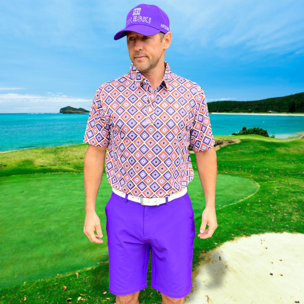 Purple, Orange, and Light Violet Diagonal Squares on White Background Golf Shirt - Hreski 229 - Image 8