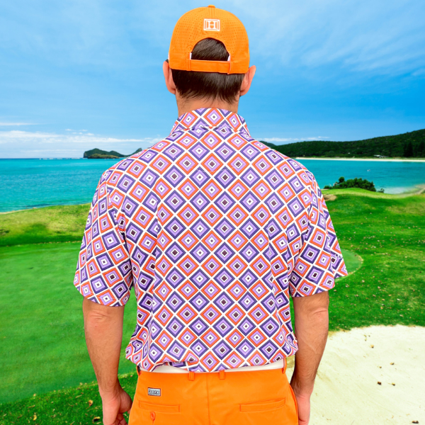 Purple, Orange, and Light Violet Diagonal Squares on White Background Golf Shirt - Hreski 229 - Image 3