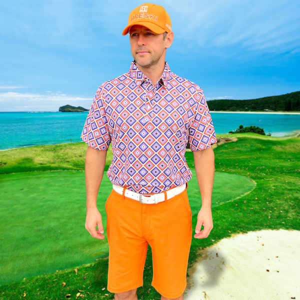 Purple, Orange, and Light Violet Diagonal Squares on White Background Golf Shirt - Hreski 229 - Image 2