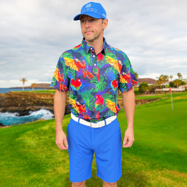 Parrots and Monstera Leaves on Purple Background Golf Shirt - Hreski 230 - Image 4