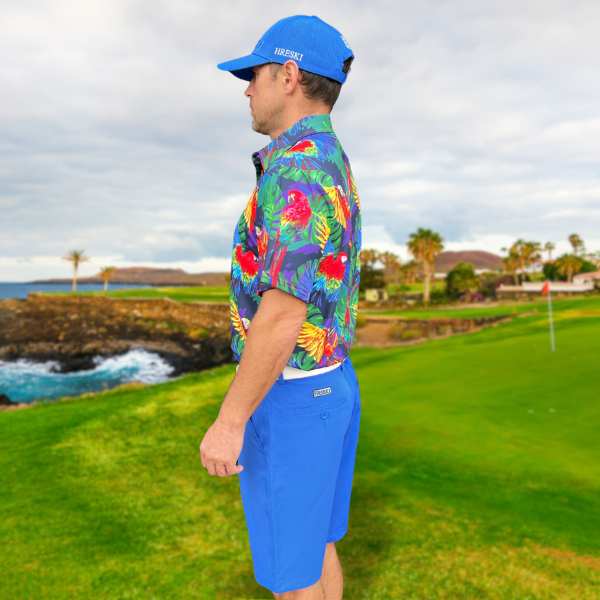 Parrots and Monstera Leaves on Purple Background Golf Shirt - Hreski 230 - Image 8