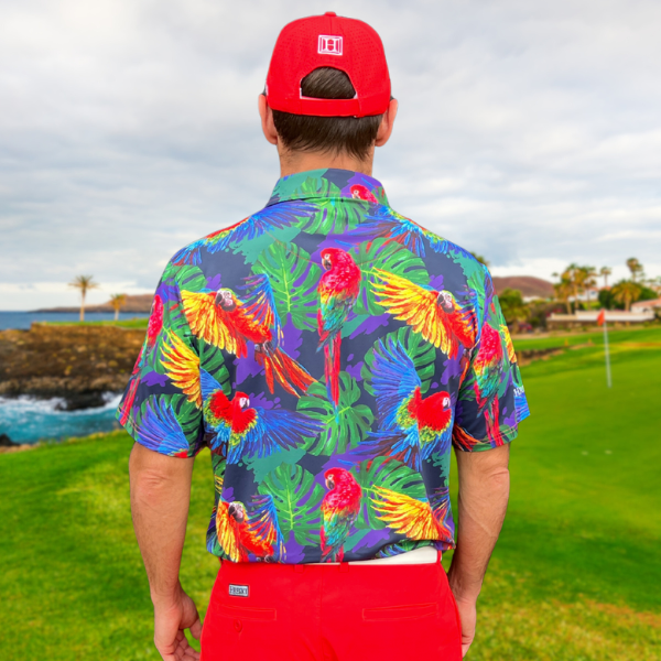 Parrots and Monstera Leaves on Purple Background Golf Shirt - Hreski 230 - Image 10