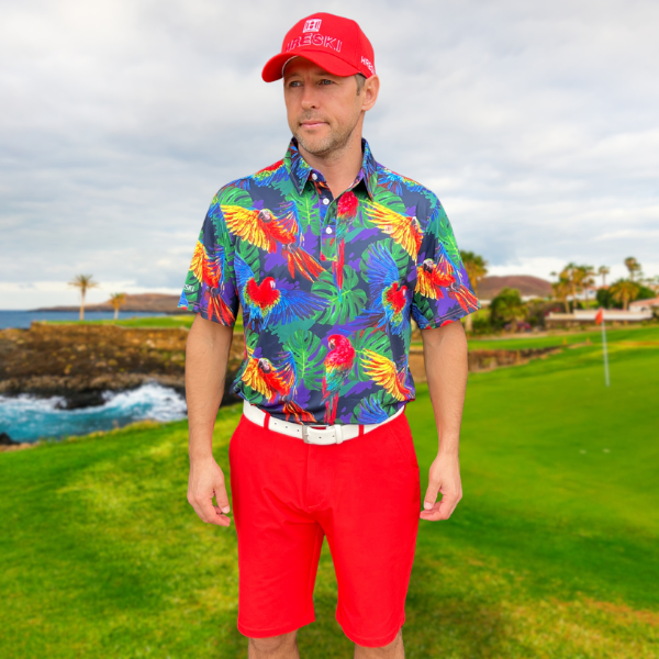 Parrots and Monstera Leaves on Purple Background Golf Shirt - Hreski 230 - Image 2