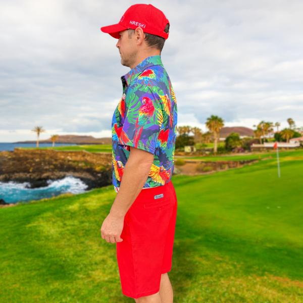 Parrots and Monstera Leaves on Purple Background Golf Shirt - Hreski 230 - Image 6