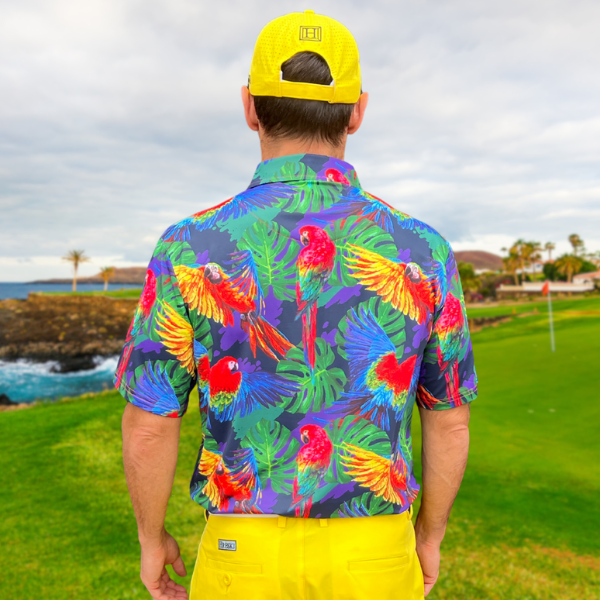 Parrots and Monstera Leaves on Purple Background Golf Shirt - Hreski 230 - Image 11