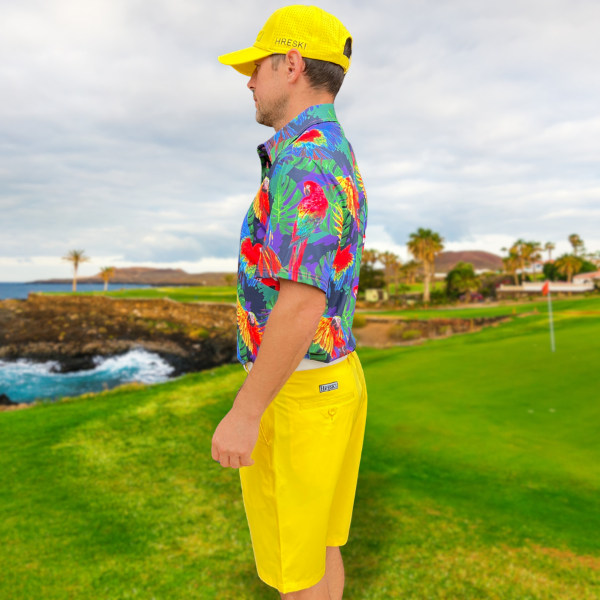 Parrots and Monstera Leaves on Purple Background Golf Shirt - Hreski 230 - Image 7