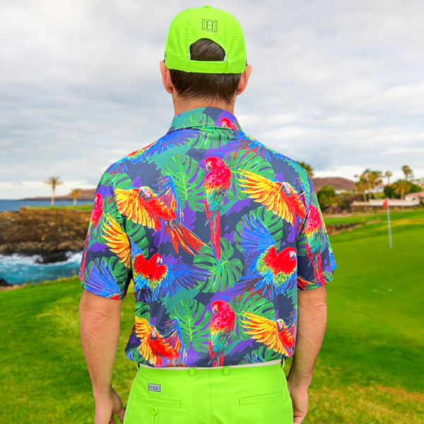 Parrots and Monstera Leaves on Purple Background Golf Shirt - Hreski 230 - Image 13