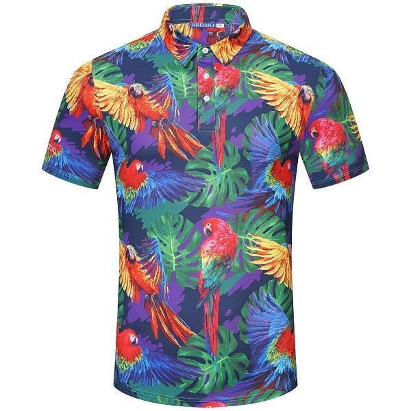 Parrots and Monstera Leaves on Purple Background Golf Shirt - Hreski 230