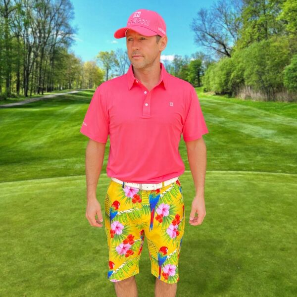 Parrots, Tropical Flowers, and Leaves on Yellow Background Golf Shorts - Hreski 231 - Image 7