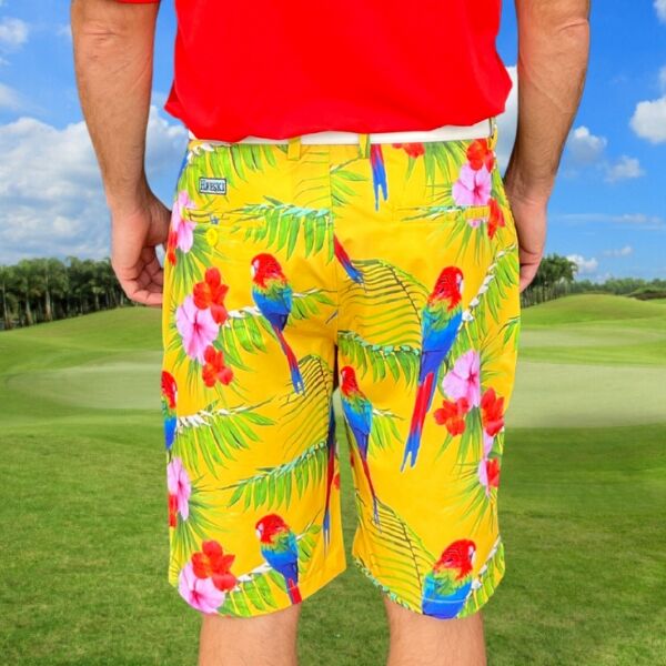 Parrots, Tropical Flowers, and Leaves on Yellow Background Golf Shorts - Hreski 231 - Image 13