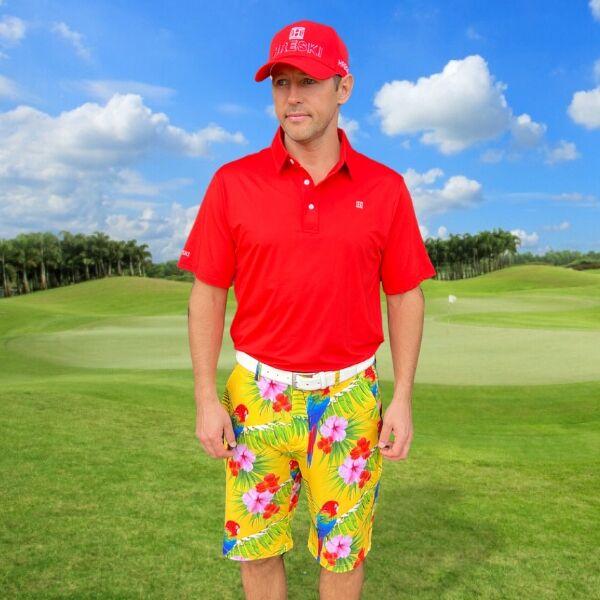 Parrots, Tropical Flowers, and Leaves on Yellow Background Golf Shorts - Hreski 231 - Image 8