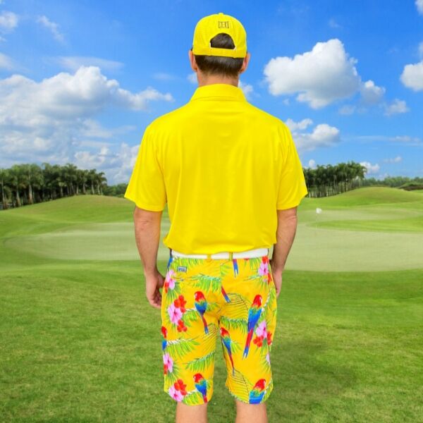 Parrots, Tropical Flowers, and Leaves on Yellow Background Golf Shorts - Hreski 231 - Image 10