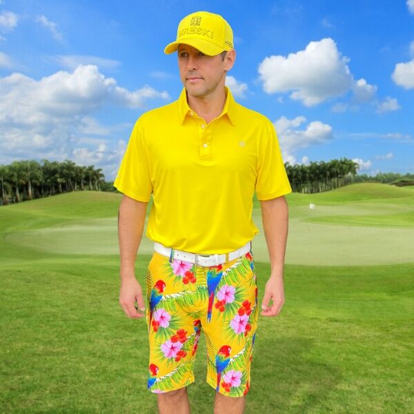 Parrots, Tropical Flowers, and Leaves on Yellow Background Golf Shorts - Hreski 231 - Image 11