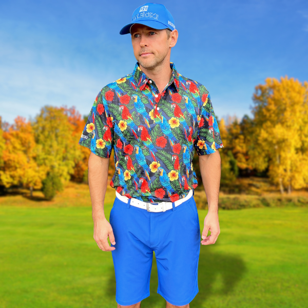Parrots, Hibiscus Flowers, and Palm Leaves on Dark Night Background Golf Shirt - Hreski 232 - Image 4