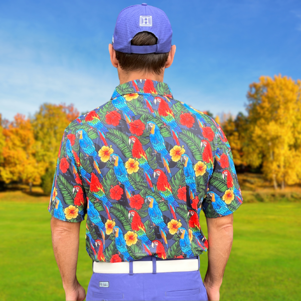 Parrots, Hibiscus Flowers, and Palm Leaves on Dark Night Background Golf Shirt - Hreski 232 - Image 11