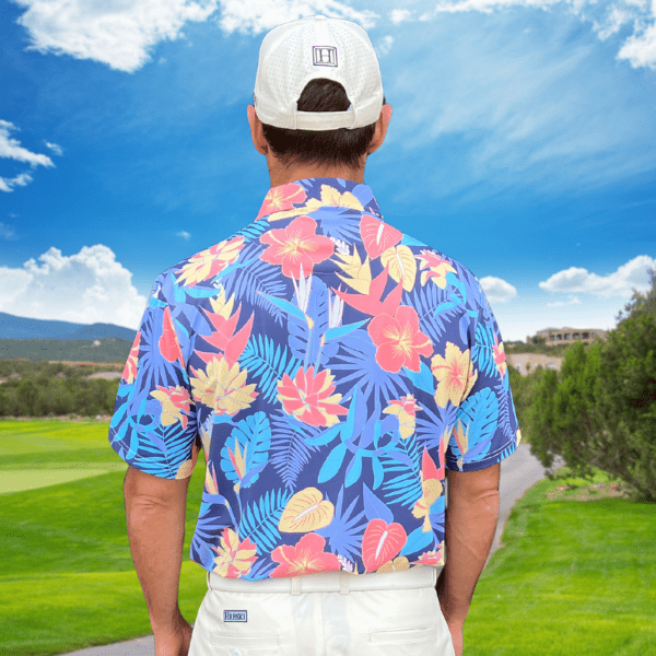 Yellow and Orange Tropical Flowers and Light Purple Palm Leaves on Dark Background Golf Shirt - Hreski 233 - Image 13