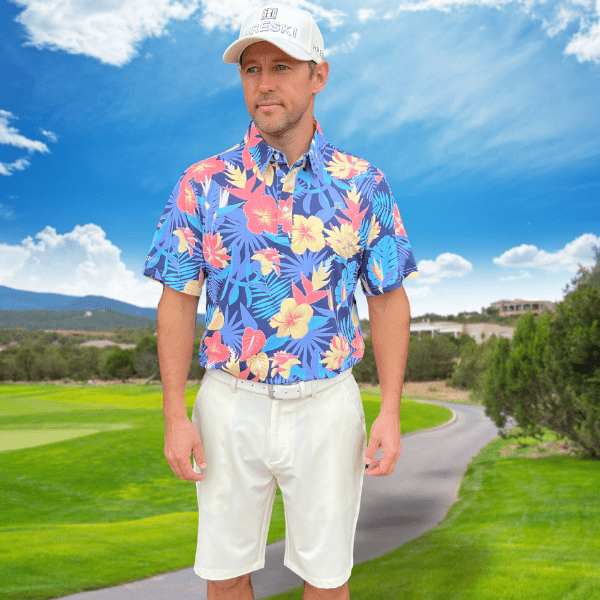 Yellow and Orange Tropical Flowers and Light Purple Palm Leaves on Dark Background Golf Shirt - Hreski 233 - Image 5