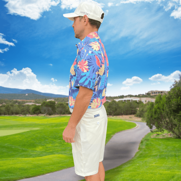 Yellow and Orange Tropical Flowers and Light Purple Palm Leaves on Dark Background Golf Shirt - Hreski 233 - Image 9