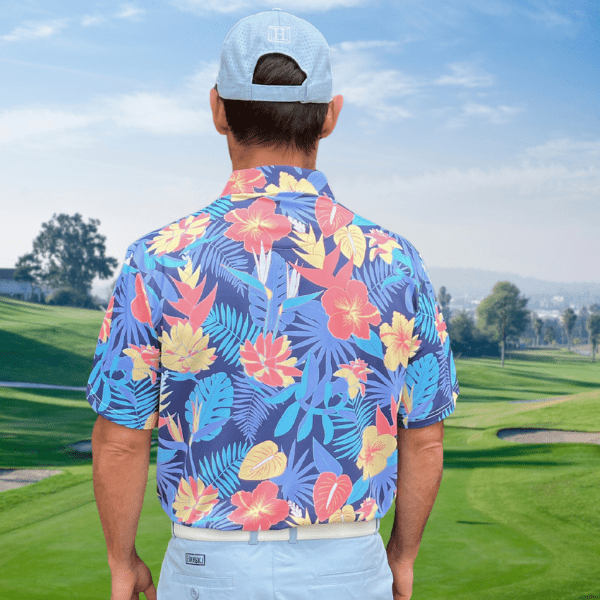 Yellow and Orange Tropical Flowers and Light Purple Palm Leaves on Dark Background Golf Shirt - Hreski 233 - Image 12