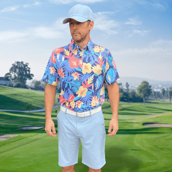 Yellow and Orange Tropical Flowers and Light Purple Palm Leaves on Dark Background Golf Shirt - Hreski 233 - Image 4