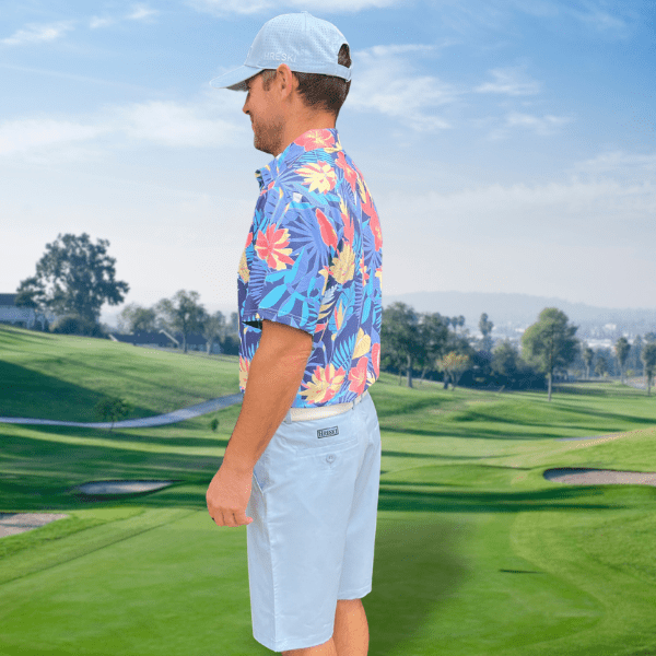 Yellow and Orange Tropical Flowers and Light Purple Palm Leaves on Dark Background Golf Shirt - Hreski 233 - Image 8