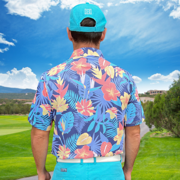 Yellow and Orange Tropical Flowers and Light Purple Palm Leaves on Dark Background Golf Shirt - Hreski 233 - Image 11