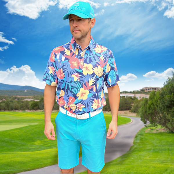Yellow and Orange Tropical Flowers and Light Purple Palm Leaves on Dark Background Golf Shirt - Hreski 233 - Image 3