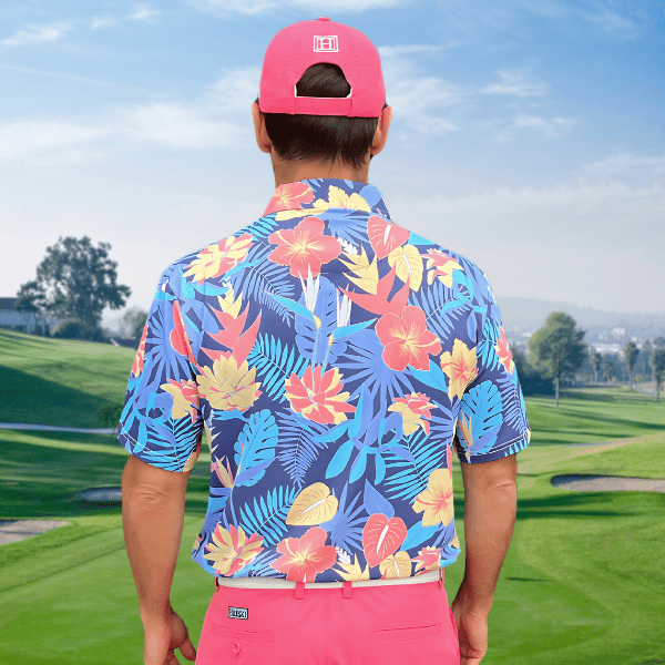 Yellow and Orange Tropical Flowers and Light Purple Palm Leaves on Dark Background Golf Shirt - Hreski 233 - Image 10