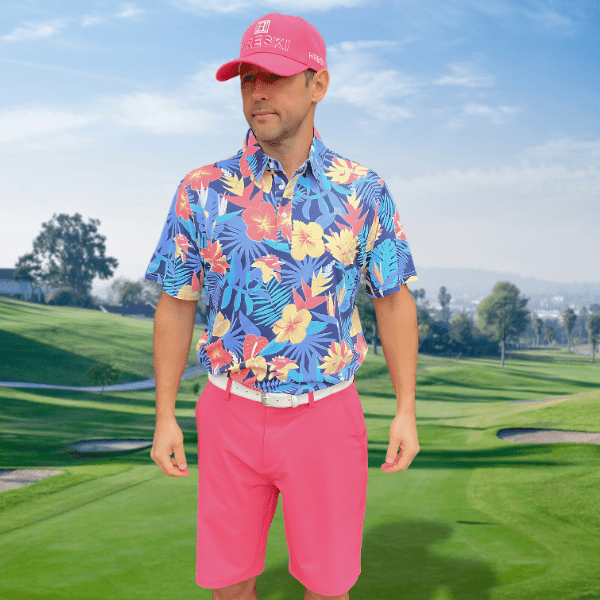 Yellow and Orange Tropical Flowers and Light Purple Palm Leaves on Dark Background Golf Shirt - Hreski 233 - Image 2